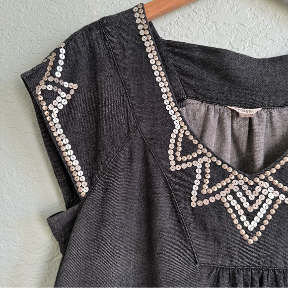 Fossil•Vintage•Gray/Blue Denim•Embellished Mini Shift Dress with Pockets - Picture 2 of 9